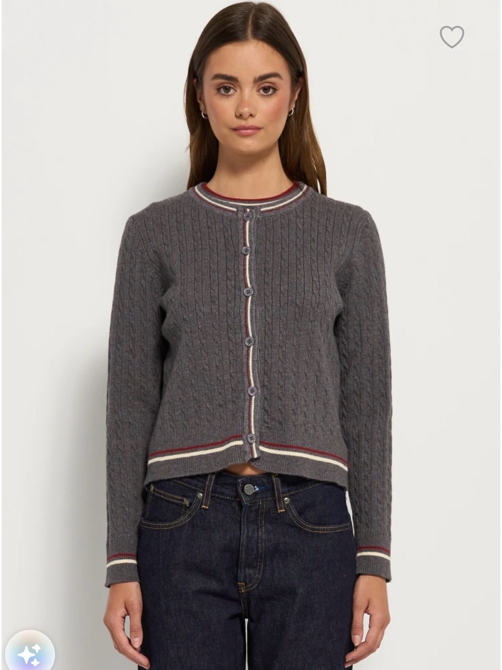 Women’s Cable-Knit Gray Button Cardigan with Contrast Trim